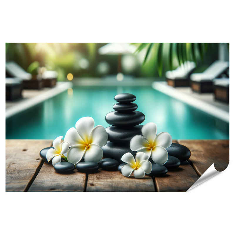 islandburner Poster Stille Harmonie zwischen schwarzen Steinen und weißen Blüten am Pool