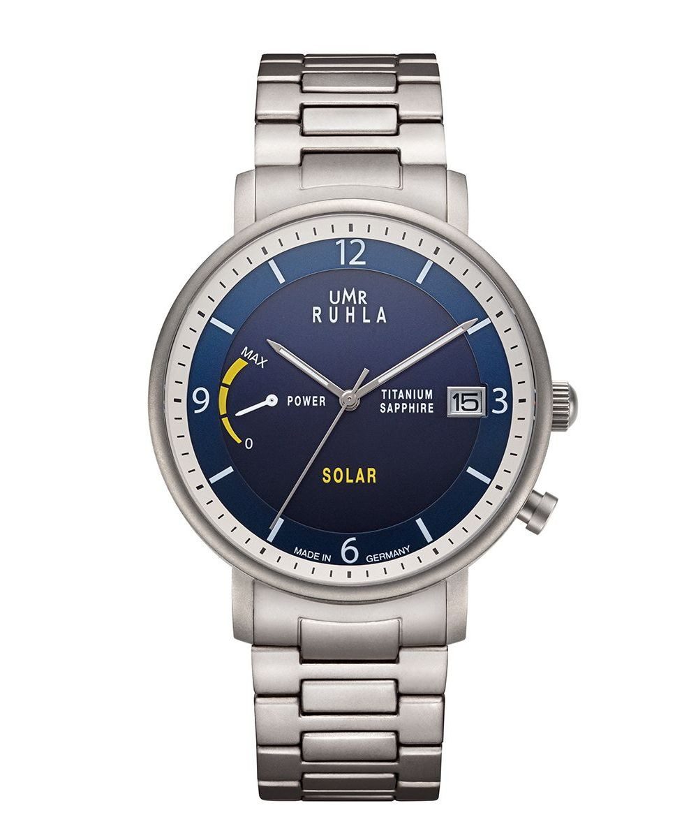 UMR Ruhla Solaruhr Titan - Blaues Zifferblatt, Titanband, 41 mm - Solarwerk 94103M, Made in Germany