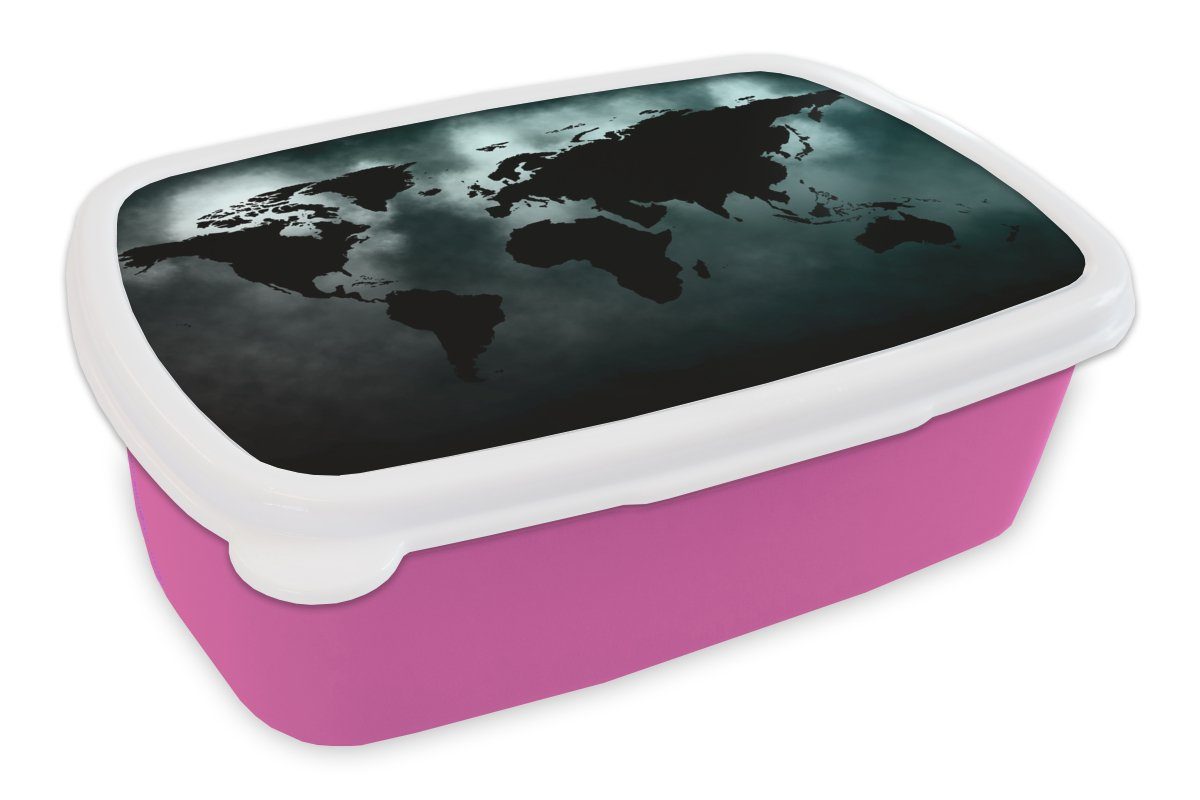MuchoWow Lunchbox Weltkarte - Schwarz und weiß, Kunststoff, (2-tlg), Brotbox für Erwachsene, Brotdose Kinder, Snackbox, Mädchen, Kunststoff rosa