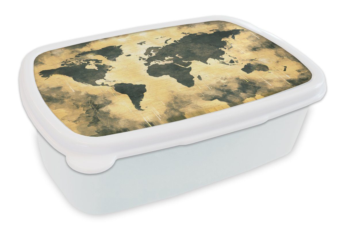 MuchoWow Lunchbox Weltkarte - Schwarz - Braun, Kunststoff, (2-tlg), Brotbox für Kinder und Erwachsene, Brotdose, für Jungs und Mädchen weiß