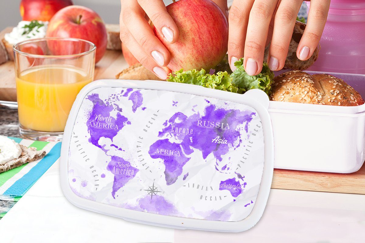 Brotdose, und weiß Mädchen für und - Weltkarte Ölfarbe Violett, Erwachsene, (2-tlg), - MuchoWow Lunchbox Kunststoff, Jungs für Kinder Brotbox