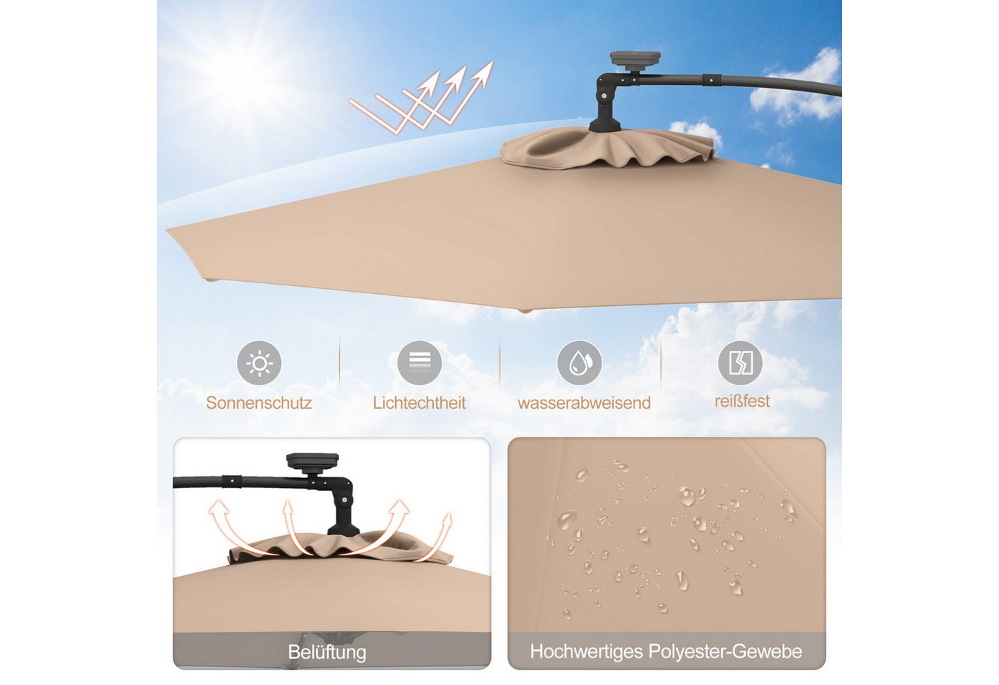 Thumbnail - COSTWAY Sonnenschirm, LxB: 300,00x300,00 cm, mit LED, Kurbel, neigbar