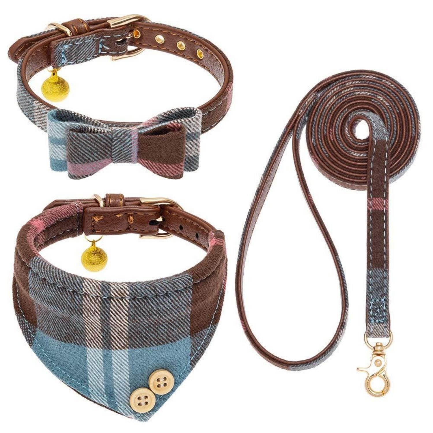LuxusKollektion Hunde-Halsband Halsband & Leine Set Hund Blau S-M, Textil