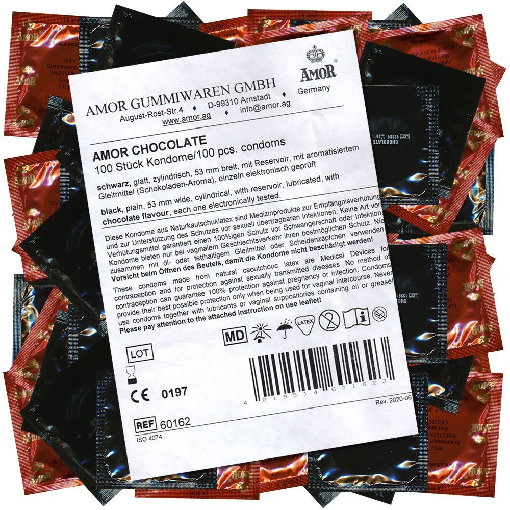 Amor Kondome Chocolate (schwarz, mit Geschmack) Packung mit, 100 St., schwarze Kondome mit Schokoladen-Aroma, Maxipack, Beutelware