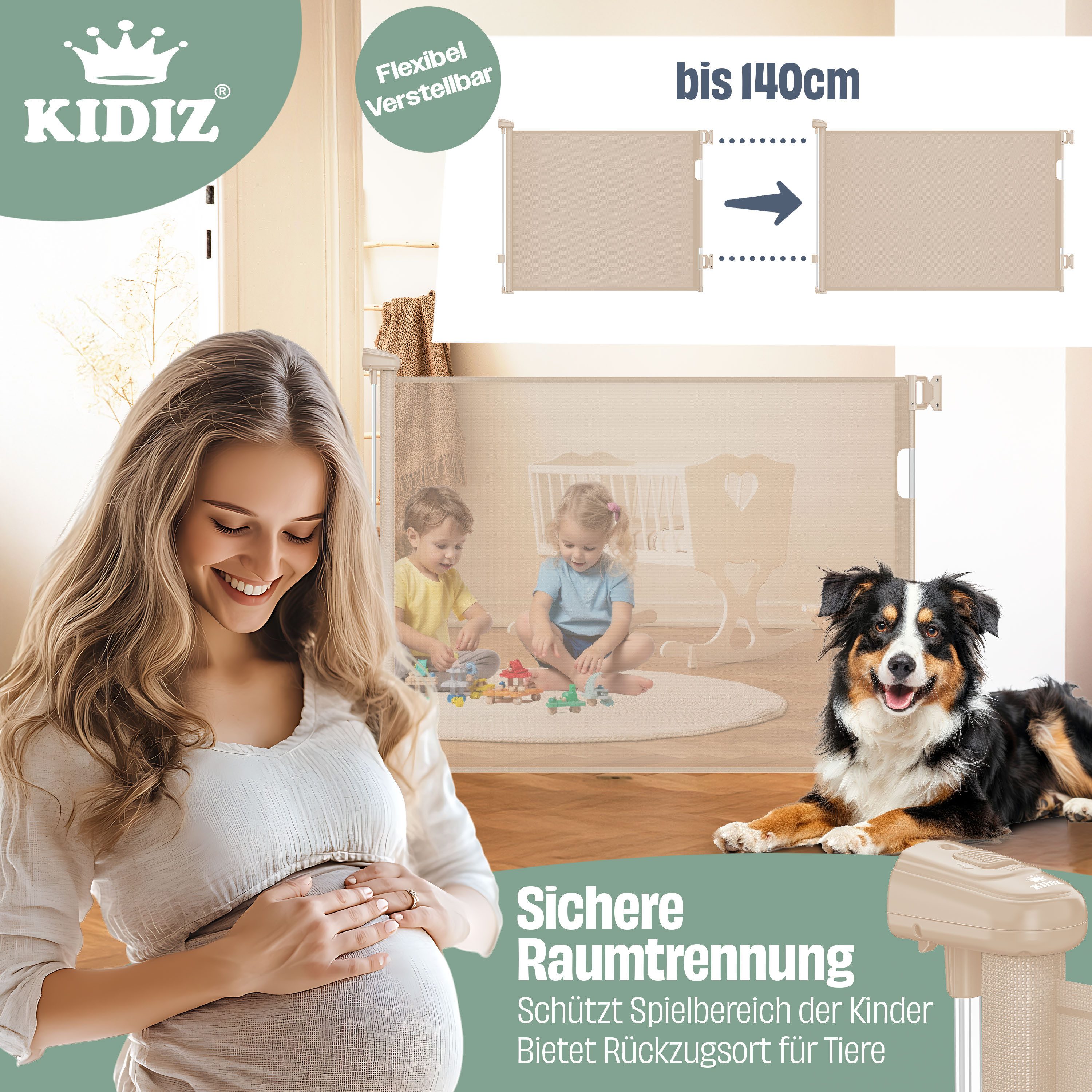 KIDIZ Türschutzgitter Treppenschutzgitter ausziehbar bis 140cm für Kinder, Babys & Haustiere (Schutzgitter für Treppen & Türen inkl. Bodenanker & Montagezubehör), Raumtrennung Absperrgitter kindersicheres Treppengitter