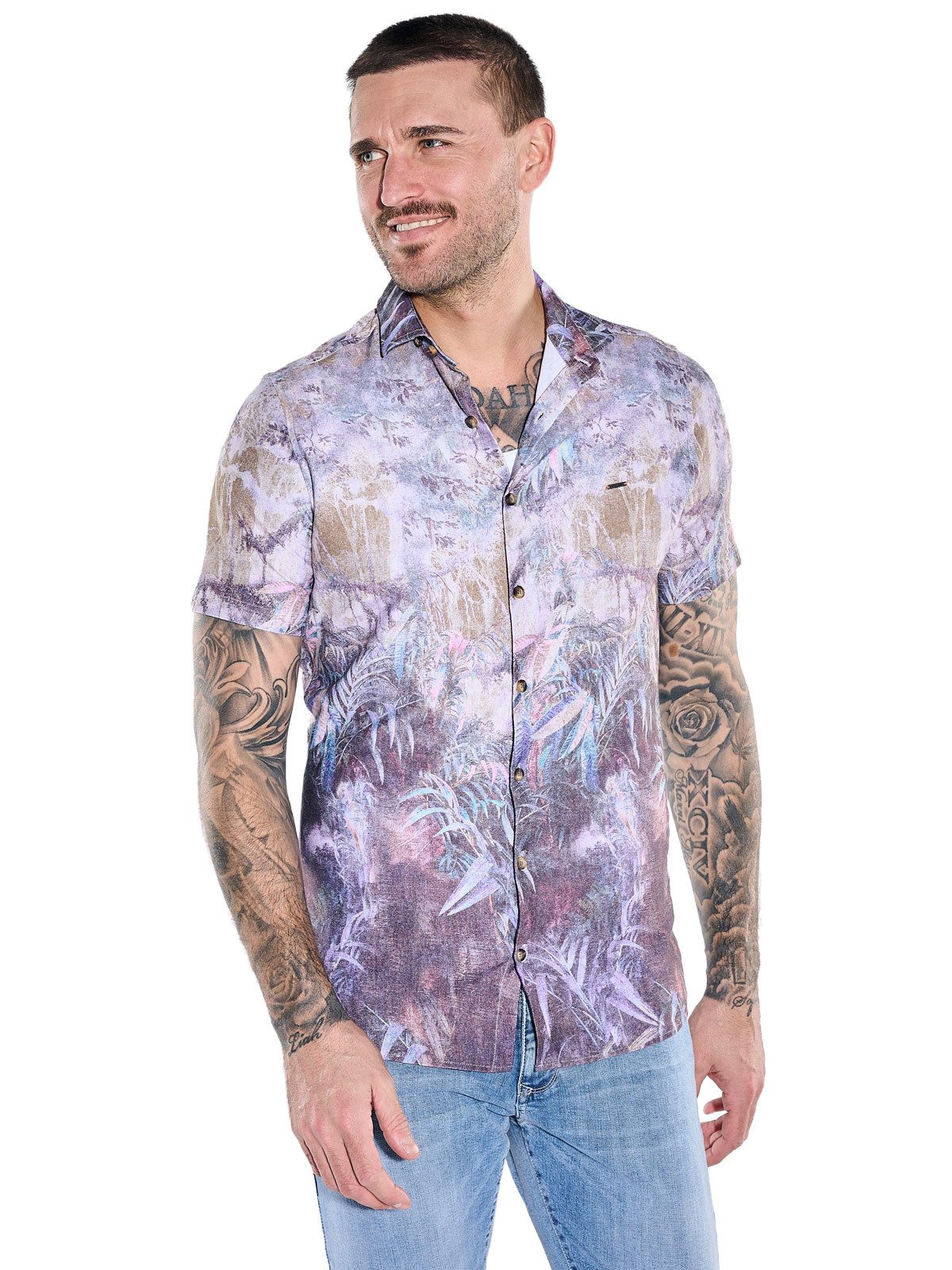 Kurzarmhemd Herren Kurzarm-Hemd mit Tropical-Print, Mehrfarbig