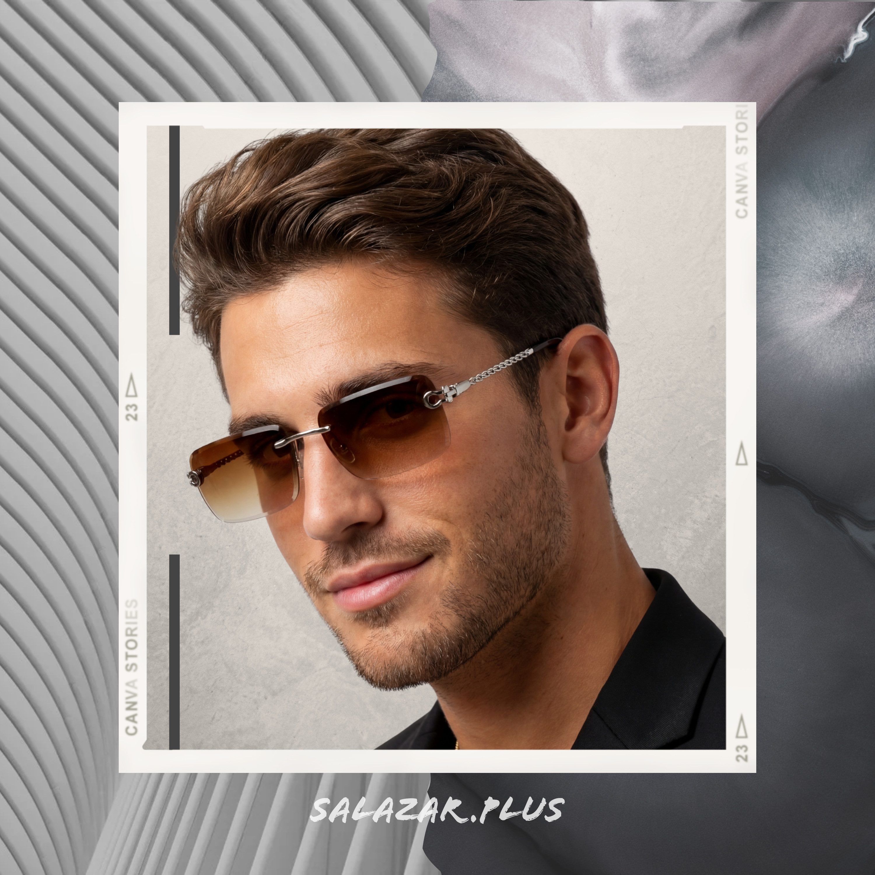 salazar.plus Sonnenbrille Premium Randlos Rechteckig Metallgestell Blau Braun Schwarz Grau Elegante randlose Metall-Sonnenbrille im modernen Rechteck-Design – Bild 3 von 3