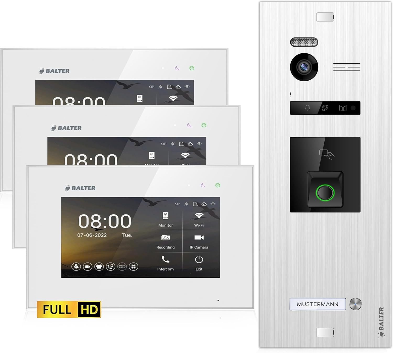Balter Video-Türsprechanlage EVO HD mit Fingerprint und RFID für 1 Familienhaus, 3x Monitore (Einfamilienhaus, Komplettset, 5-tlg., Einfamilienhaus, Fingerprint, RFID, Full HD 175° Ultraweitwinkelkamera, 3x Monitore)
