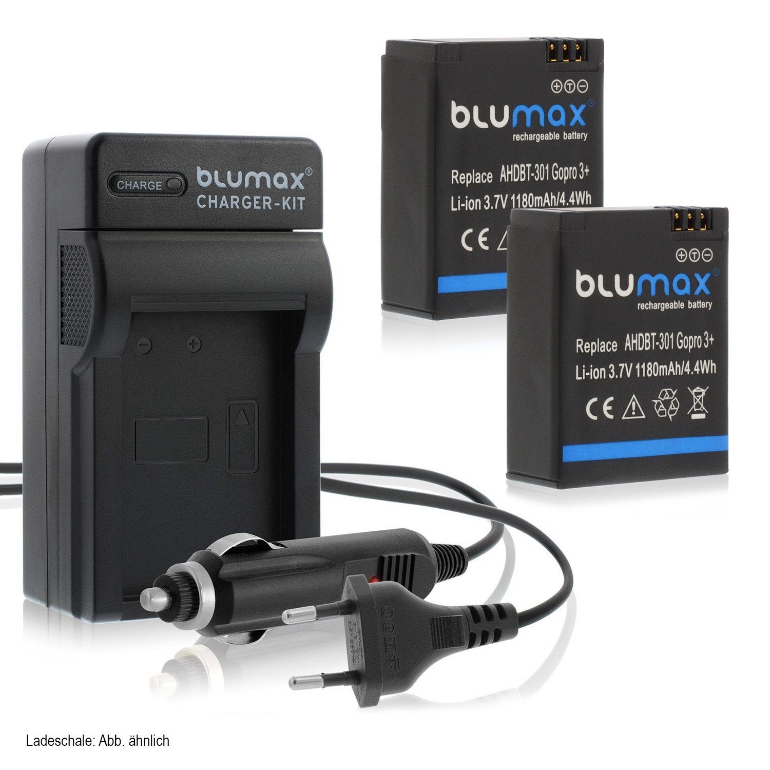 Blumax Set GoPro Lader 1180 AHDBT-301 für Kamera-Akku Hero3 mAh mit