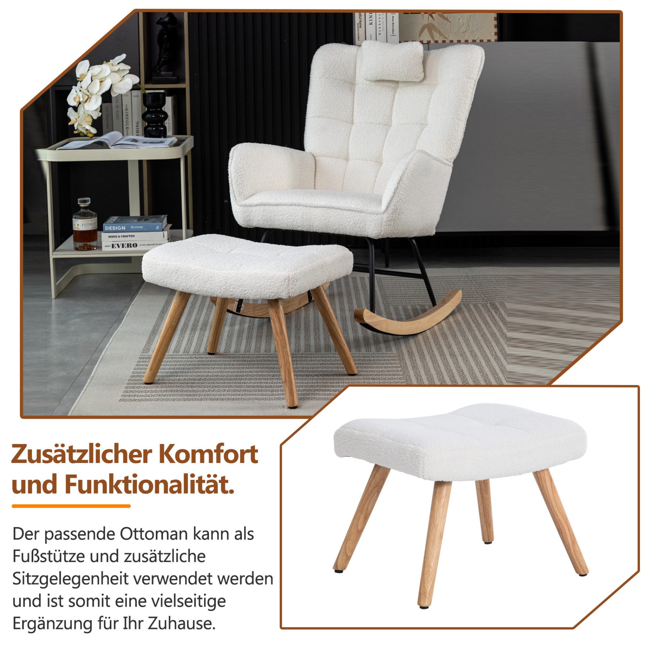 SeedWave Schaukelstuhl Schaukelstuhl Teddy mit Fußhocker und Kopfstütze, weiß, Ergonomischer Stillstuhl, Schaukelsessel für Entspannen, Bis 120kg