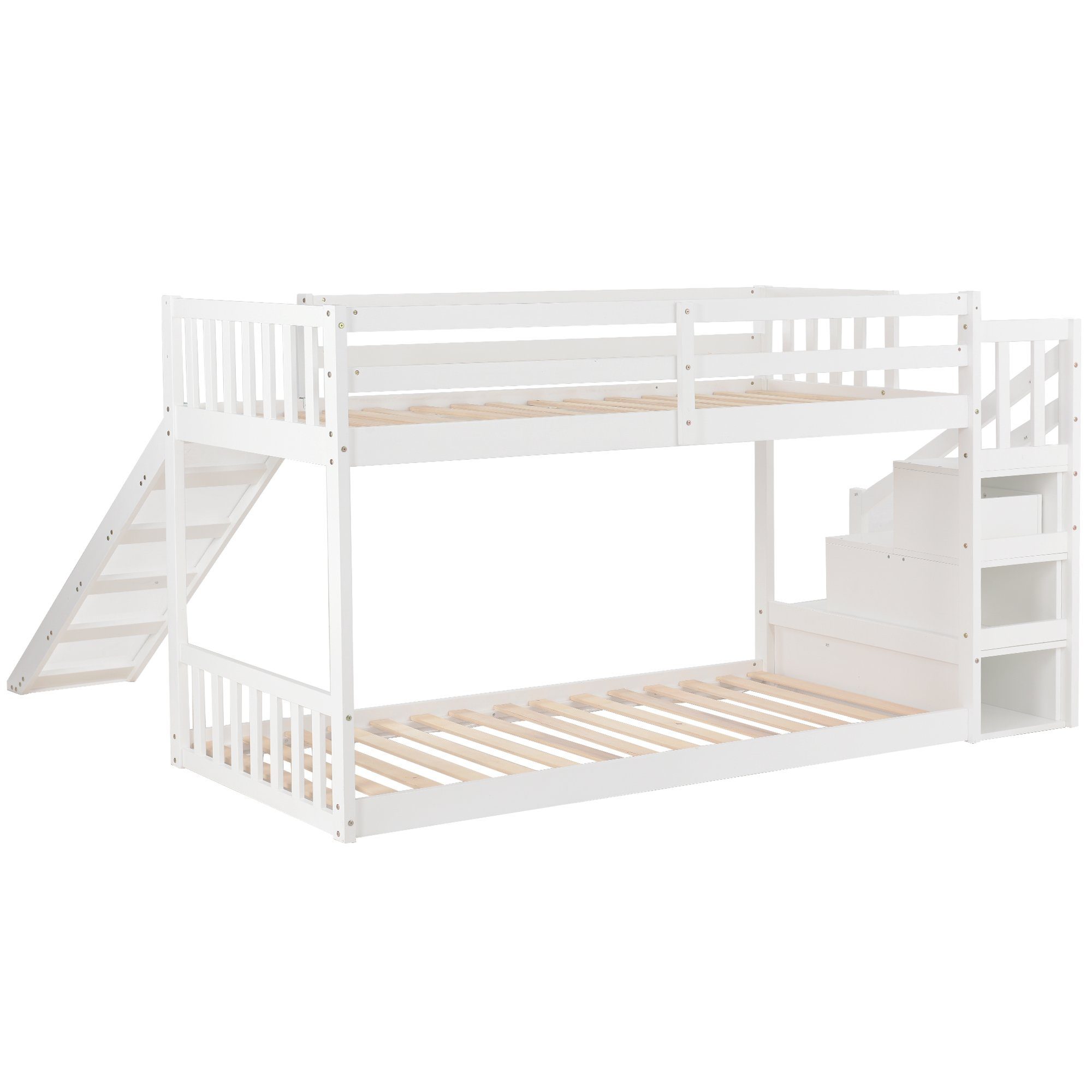 Holzbett und 2 mit Schlafgelegenheiten und Treppe, Rutsche, Lattenrost mit Schubladen 90x200 SOFTWEARY Kinderbett cm), Kiefer, Rausfallschutz (inkl. aus Etagenbett