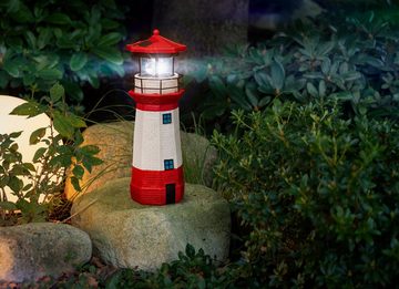 IC Gardenstyle Gartenleuchte LED Solar Leuchtturm mit rotierendem Leuchtfeuer, LED fest integriert, Tageslichtweiß, Einschaltomatik, ca. 28 cm hoch, rot-weiß