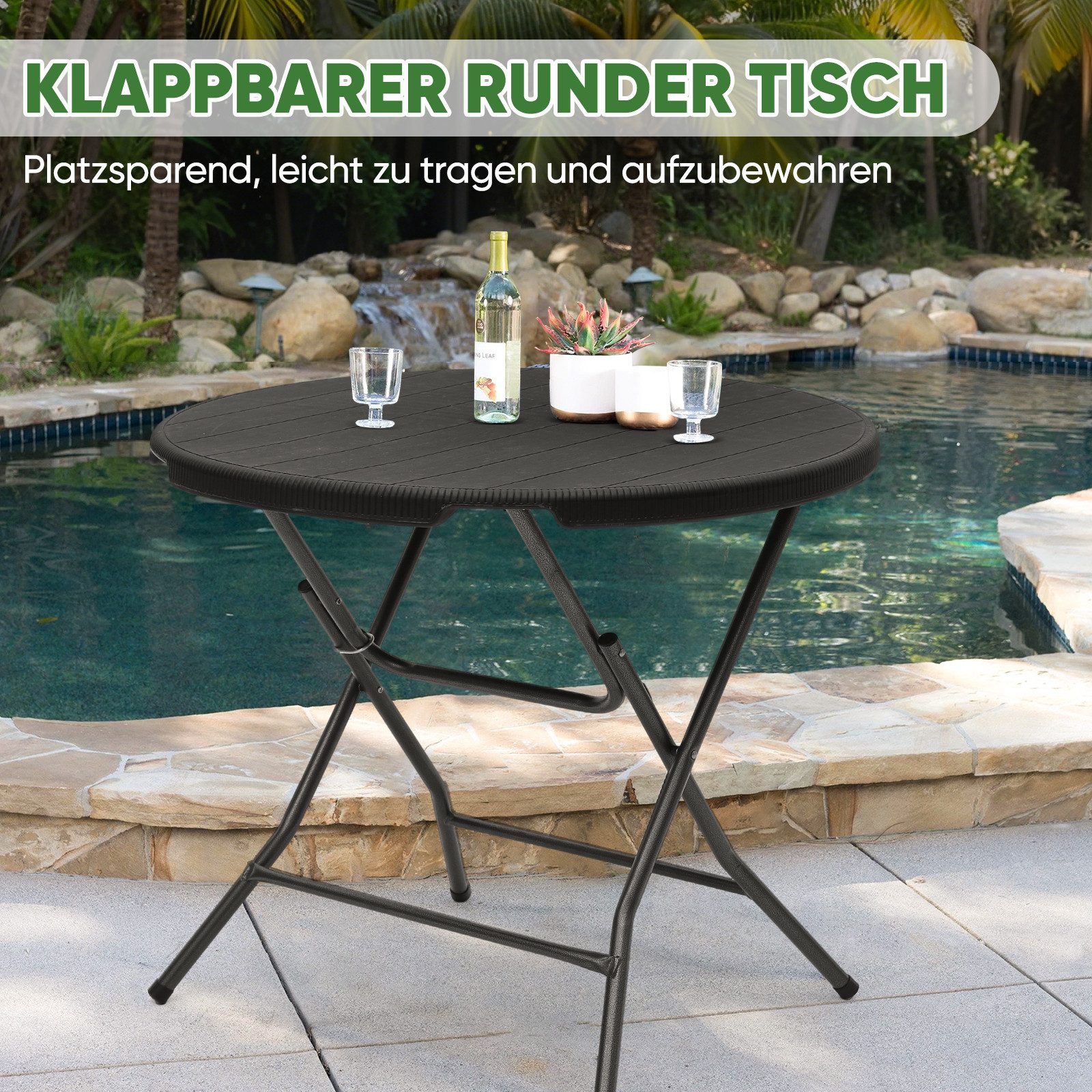 Sekey Klapptisch Klappbarer Tisch Campingtisch Faltbar Buffettisch Gartentisch, Ø 81cm x 73cm H, Klappbar, Schwarz