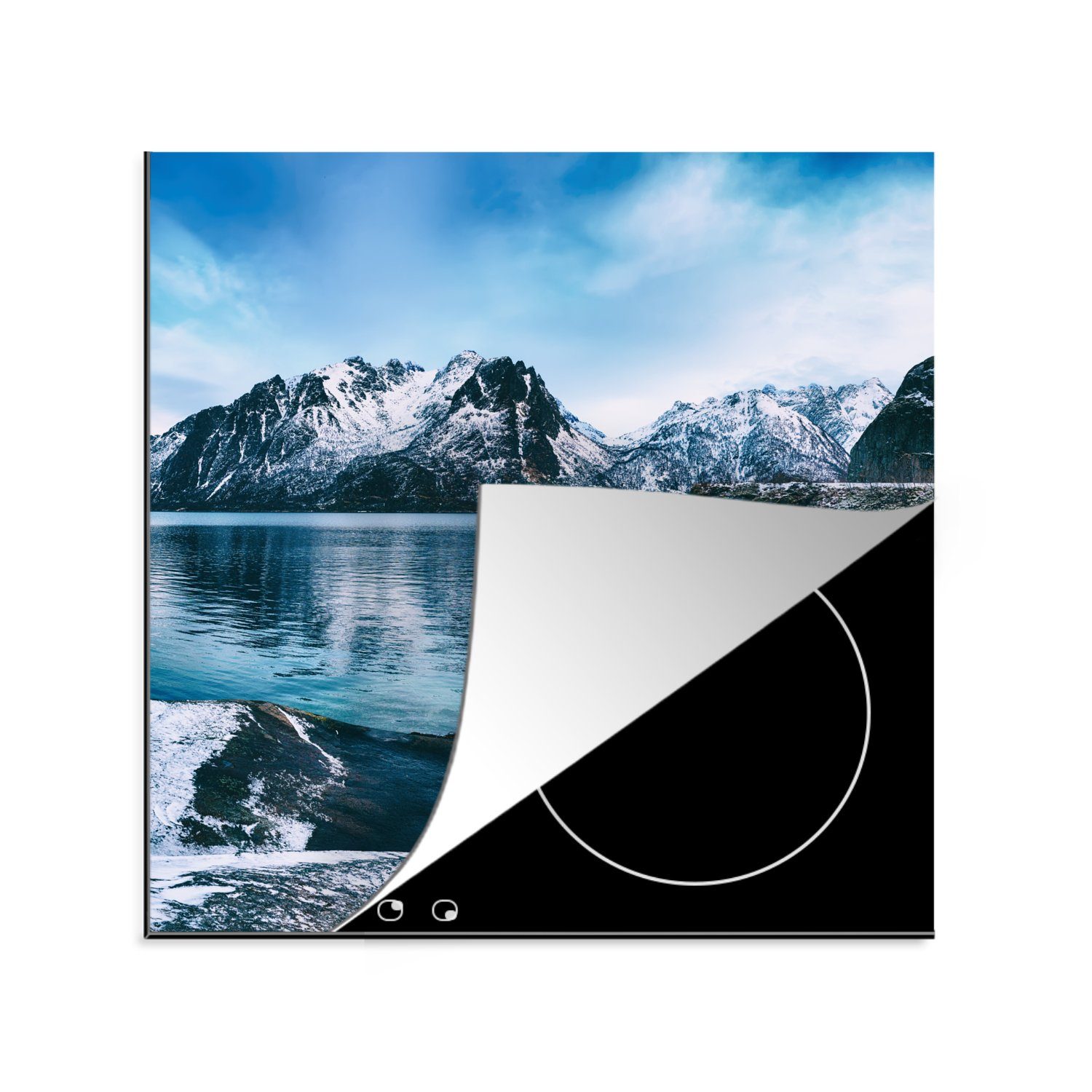 MuchoWow Herdblende-/Abdeckplatte Winter - See - küche Vinyl, 78x78 cm, (1 Ceranfeldabdeckung, - tlg), Berg für Schnee, Arbeitsplatte