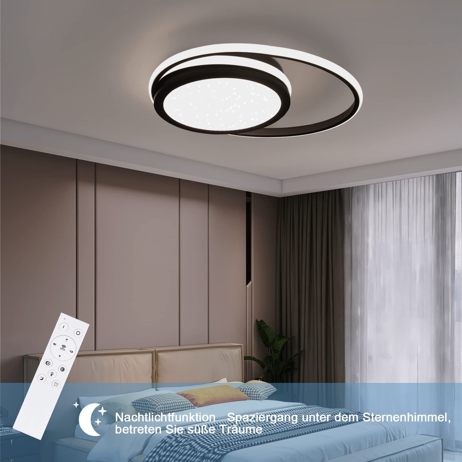 Modern mit fest LED Sternnenhimmel Fernbedienung, 56W ZMH LED warmweiß-kaltweiß, Deckenleuchte integriert, ‎Schwarz, und 2-Ringe Weiß