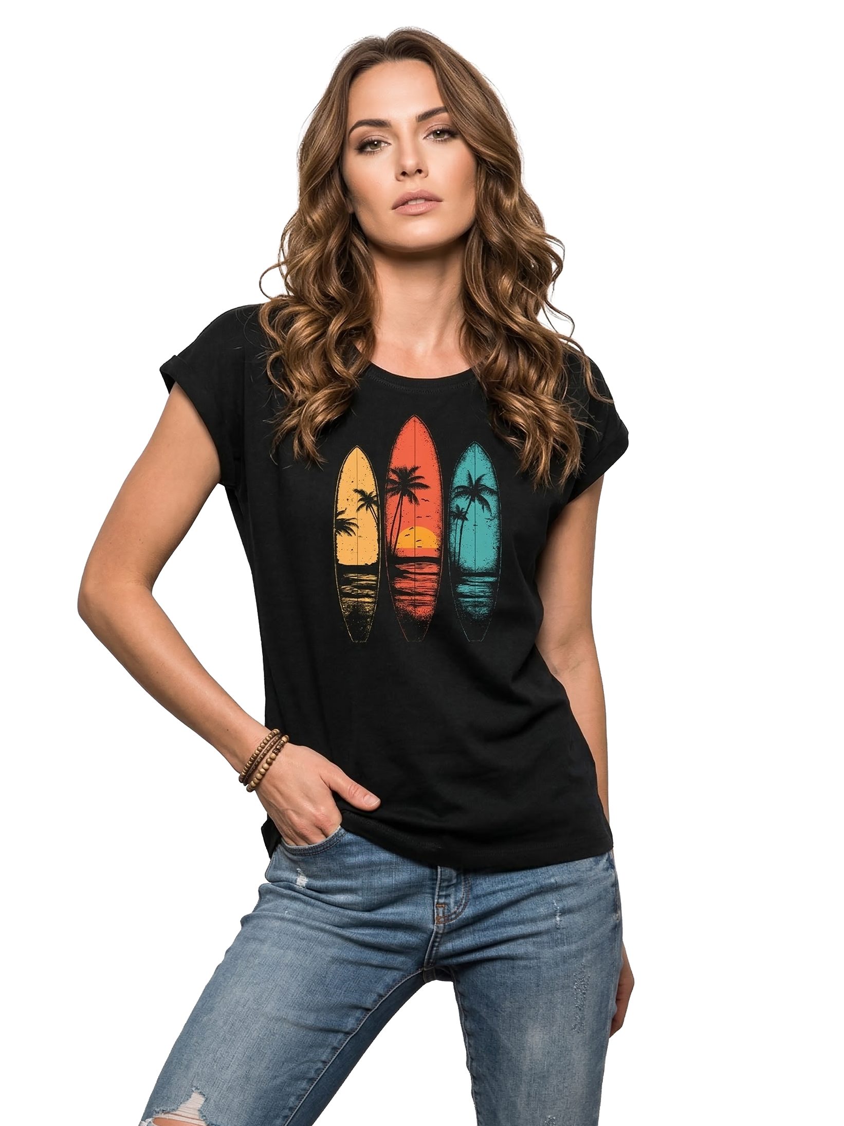 MAKAYA T-Shirt Vintage Damen T-Shirt mit Surfbrett-Print, Retro Surf-Motiv (Schwarz, Blau, Dunkelgrau, 34, 36, 38, 40, 42, 44, 46, 48, 50) Baumwolle