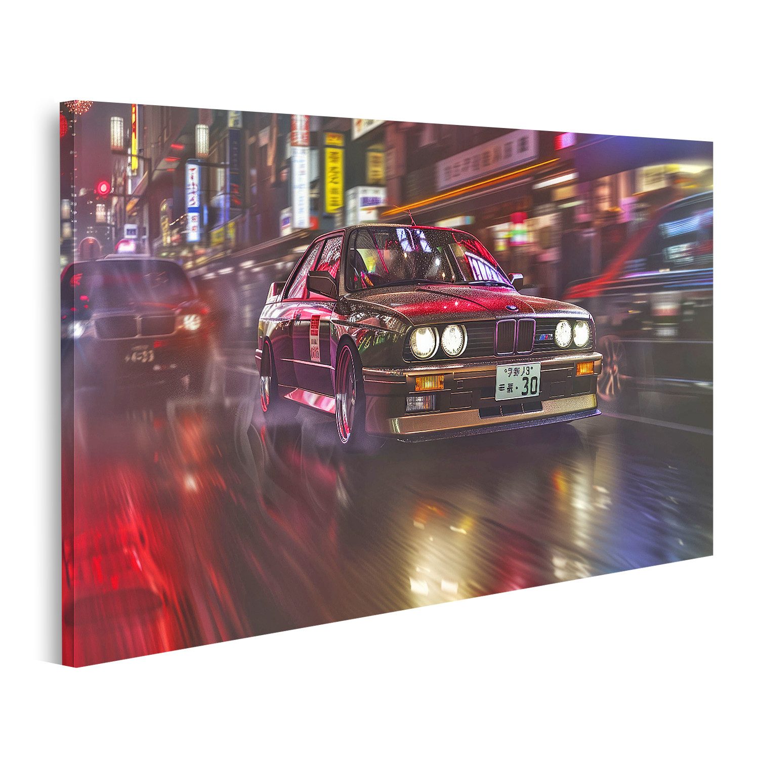 islandburner Leinwandbild, Klassischer BMW in der neonbeleuchteten Stadtgeschwindigkeit