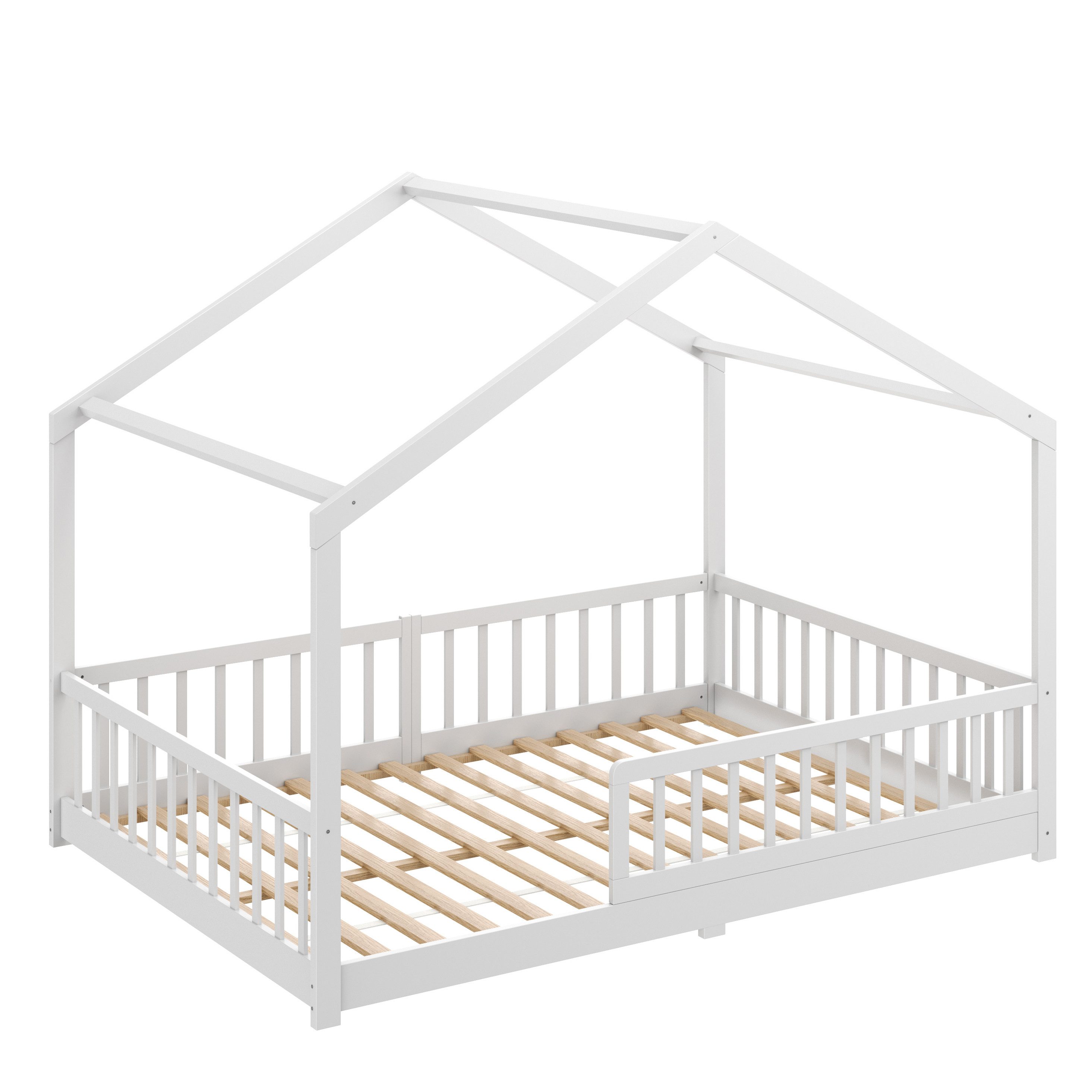 CADANI Kinderbett Malte Hausbett Bodenbett Rausfallschutz abnehmbar bis 200 kg belastbar (140x200 cm, Montessori Kinder- & Jugendbett aus Kiefer Massivholz), in – Bild 2 von 5