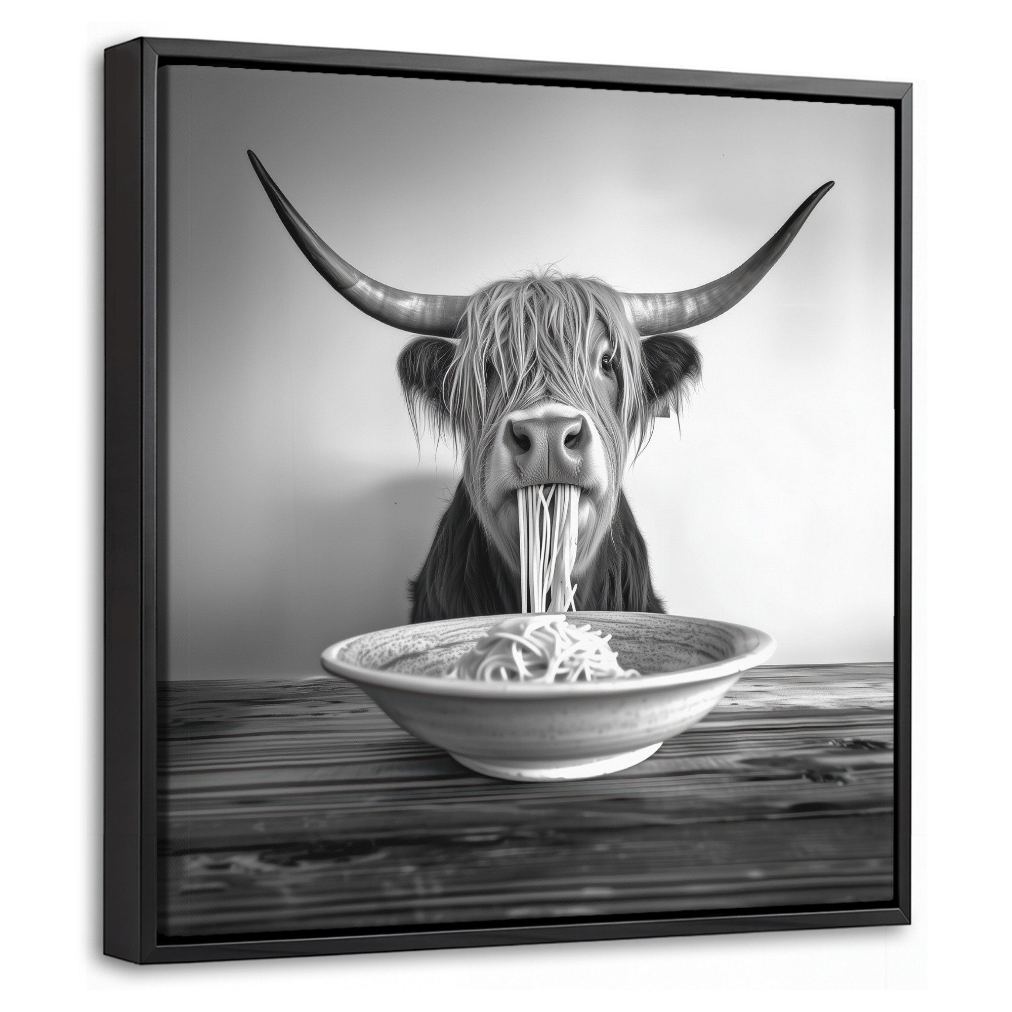 OneMillionCanvasses® Leinwandbild mit Rahmen - Schottischer Highlander - Spaghetti - Tiere - Schwarz und, Fotodruck (1 St), Leinwand Bilder Klein, Wand Dekoration Aesthetic 20x20cm