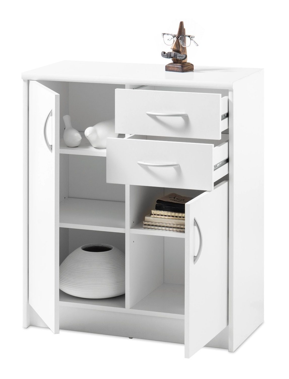 Kommode OPTIMUS, B 74 x H 86 cm, Weiß matt, mit 2 Türen und 2 Schubladen