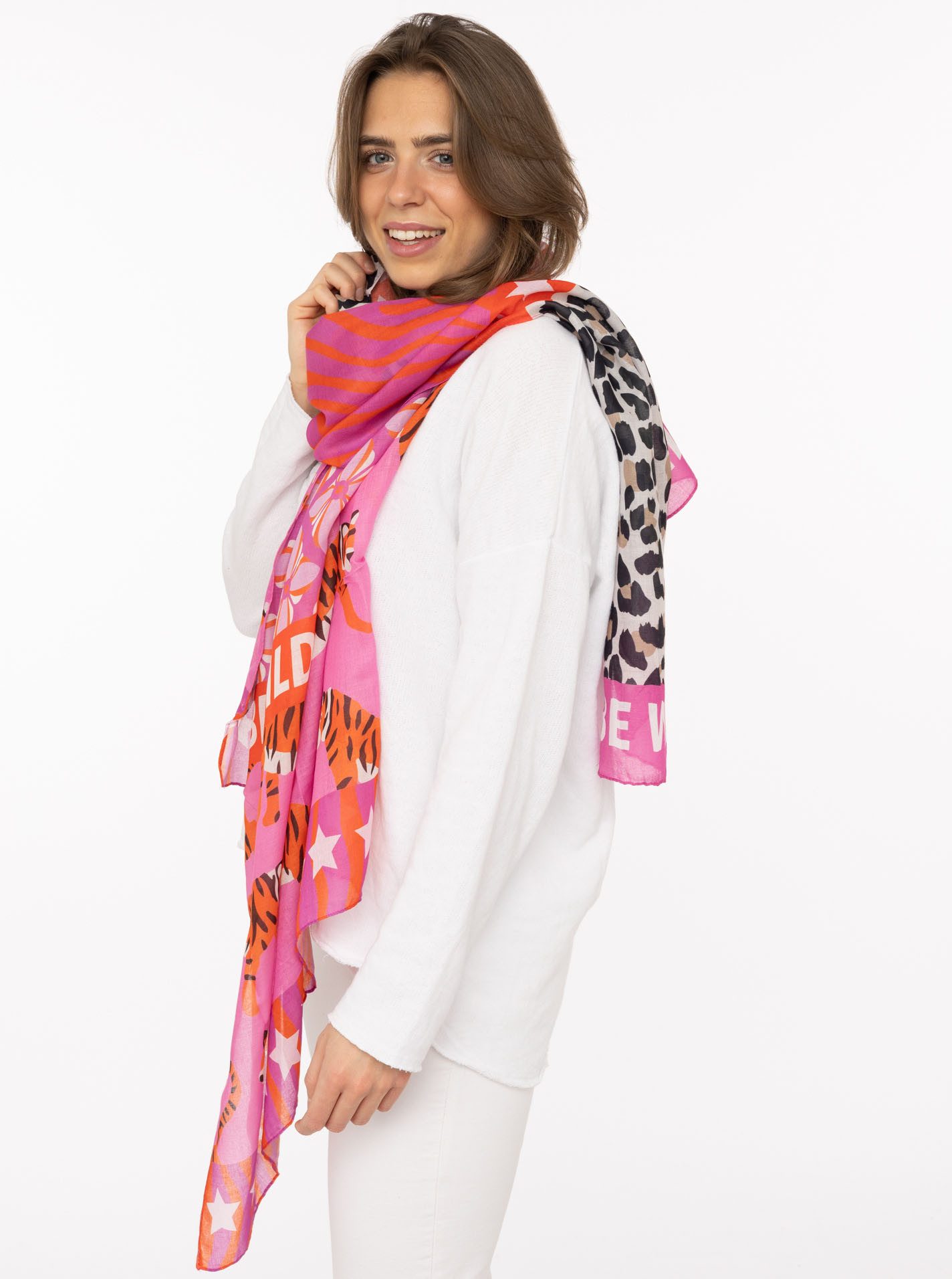 Zwillingsherz Schal " Tiger Star", Animal Mustermix, transparenter Look, Schriftzug