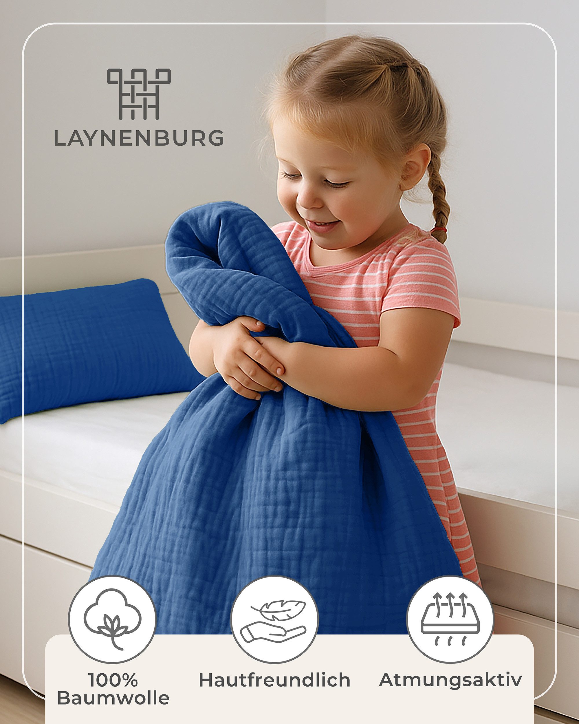 Laynenburg Kinderbettwäsche Musselin 2 teilig aus 100% Baumwolle in 100x135 cm + 40x60 cm, atmungsaktiv & bügelfrei – 3 lagig mit Reißverschluss & Haltebändern – Bild 4 von 5