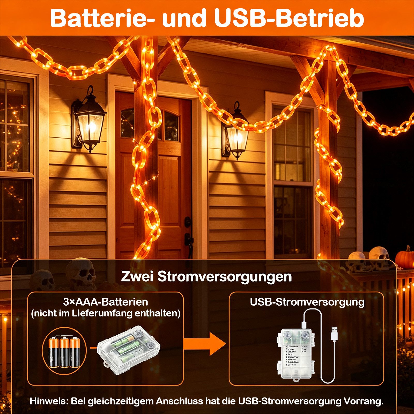 OZAVO LED-Lichterkette Halloween Lichterkette 3,2 m mit 175 LEDs, 8 Lichtmodi &Timer-Funktion, USB & Batteriebetrieben,Halloween Deko für Garten, Veranda, Spukh – Bild 5 von 5