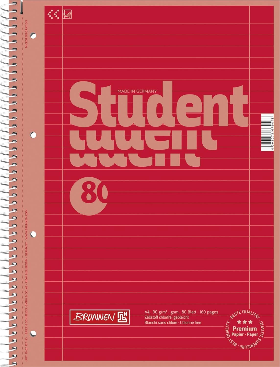 BRUNNEN Schulheft BRUNNEN Premium Collegeblock A4 - Rot mit Matt-Glanz-Effekt, 80 Blatt
