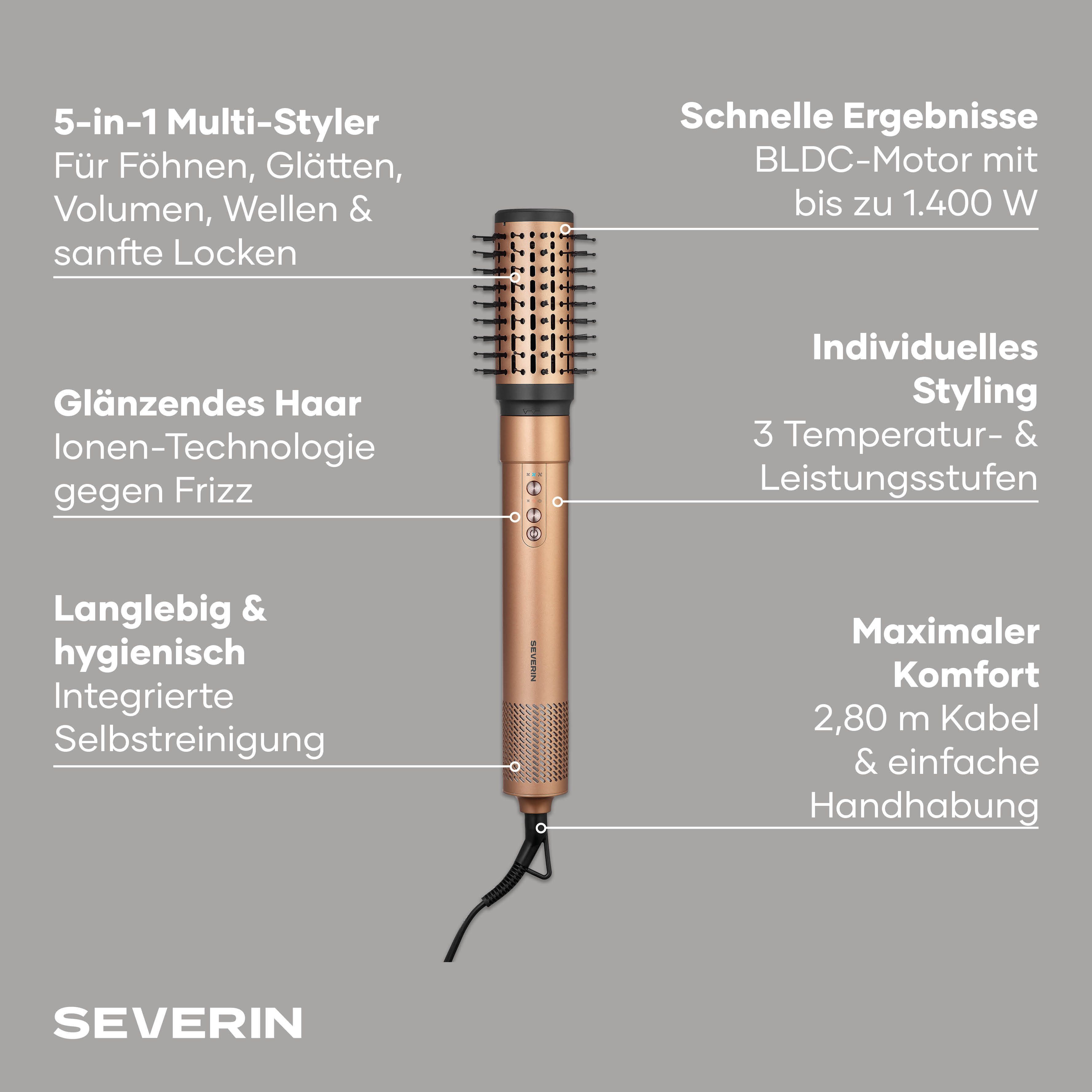 Severin Multihaarstyler S-Style Multi-Styler Pro, WL 0685, 5 Aufsätze, Föhn - Trockner - Volumisieren - Locken - Glätten, bronze