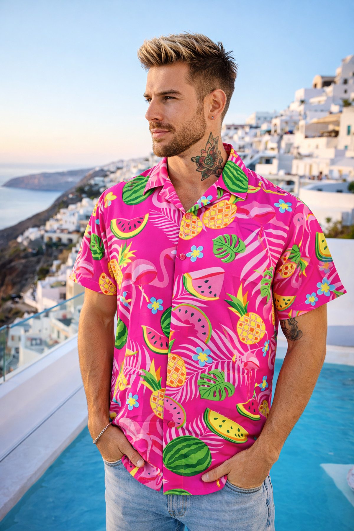 King Kameha Hawaiihemd Flamingo Melone Funky Hawaii-Hemd Herren Kurzarm Fro günstig online kaufen