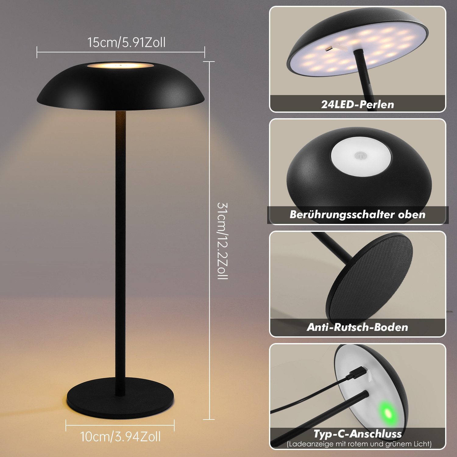 Quntis LED Tischleuchte LED Tischlampe mit Touch-Dimmung, 3 Farbtemperaturen, Memory-Funktion, Touch-Dimmung, Energiesparend, LED fest íntegriert, Neutralweiß, Kaltweiß, Warmweiß