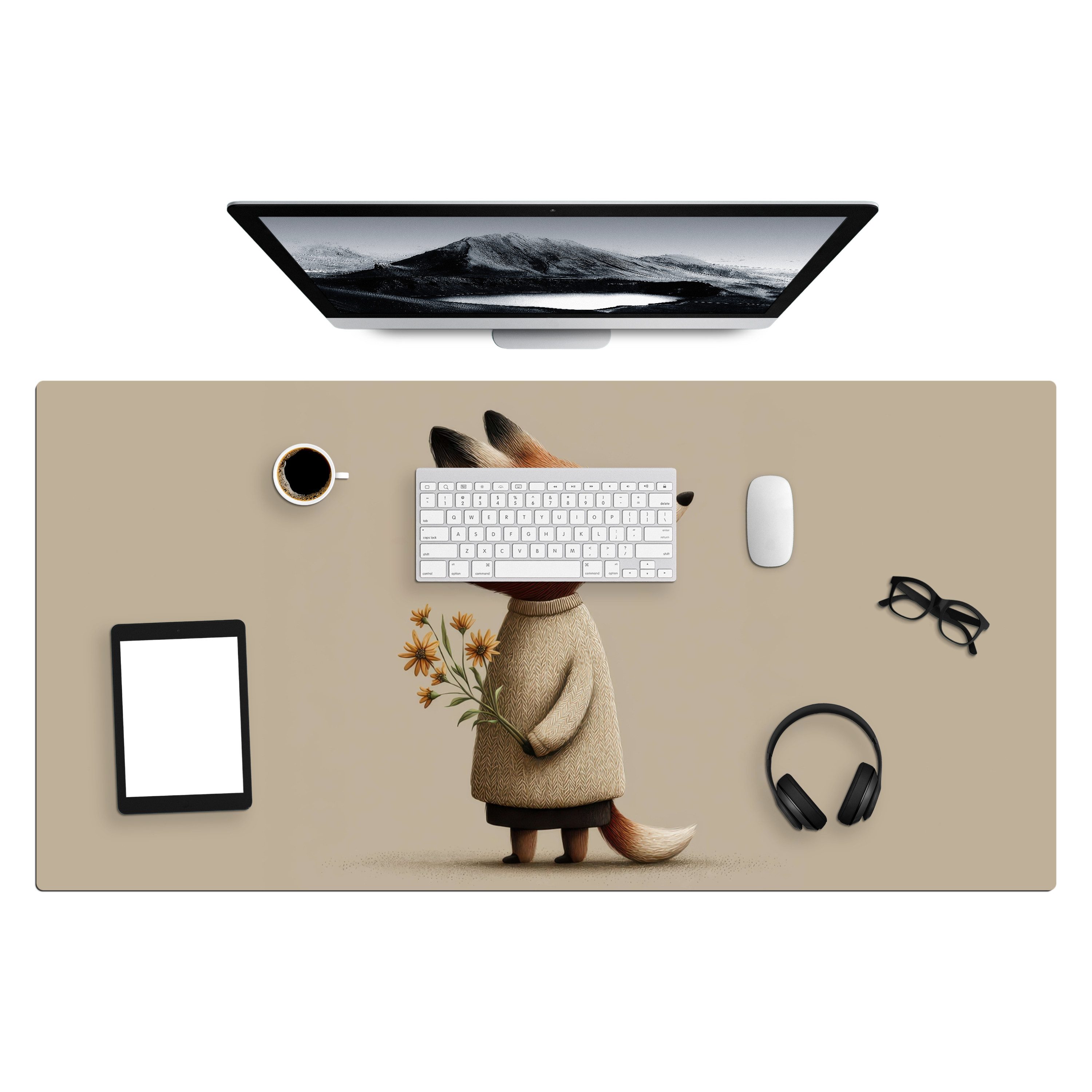 MuchoWow Gaming Mauspad Fuchs - Gelbe Blumen - Minimalistisch (1-St), Gaming Mauspad XXL, Schreibtischunterlage, Gaming Zubehör, 120x60 cm