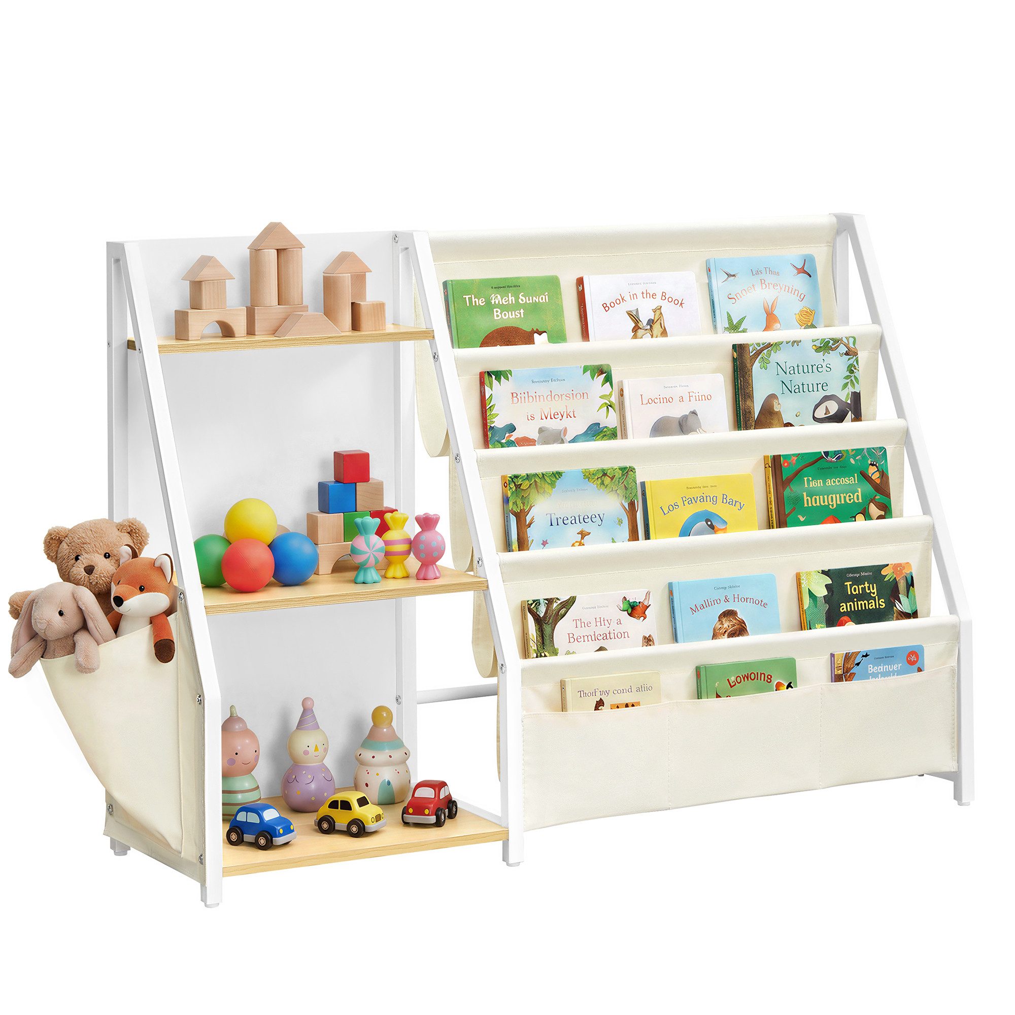 SONGMICS Spielzeugtruhe Kinderbücherregal Montessori Regal, Bücherregal Kinder, Spielzeugregal, mit Seitentasche, 108.5×30×75 cm