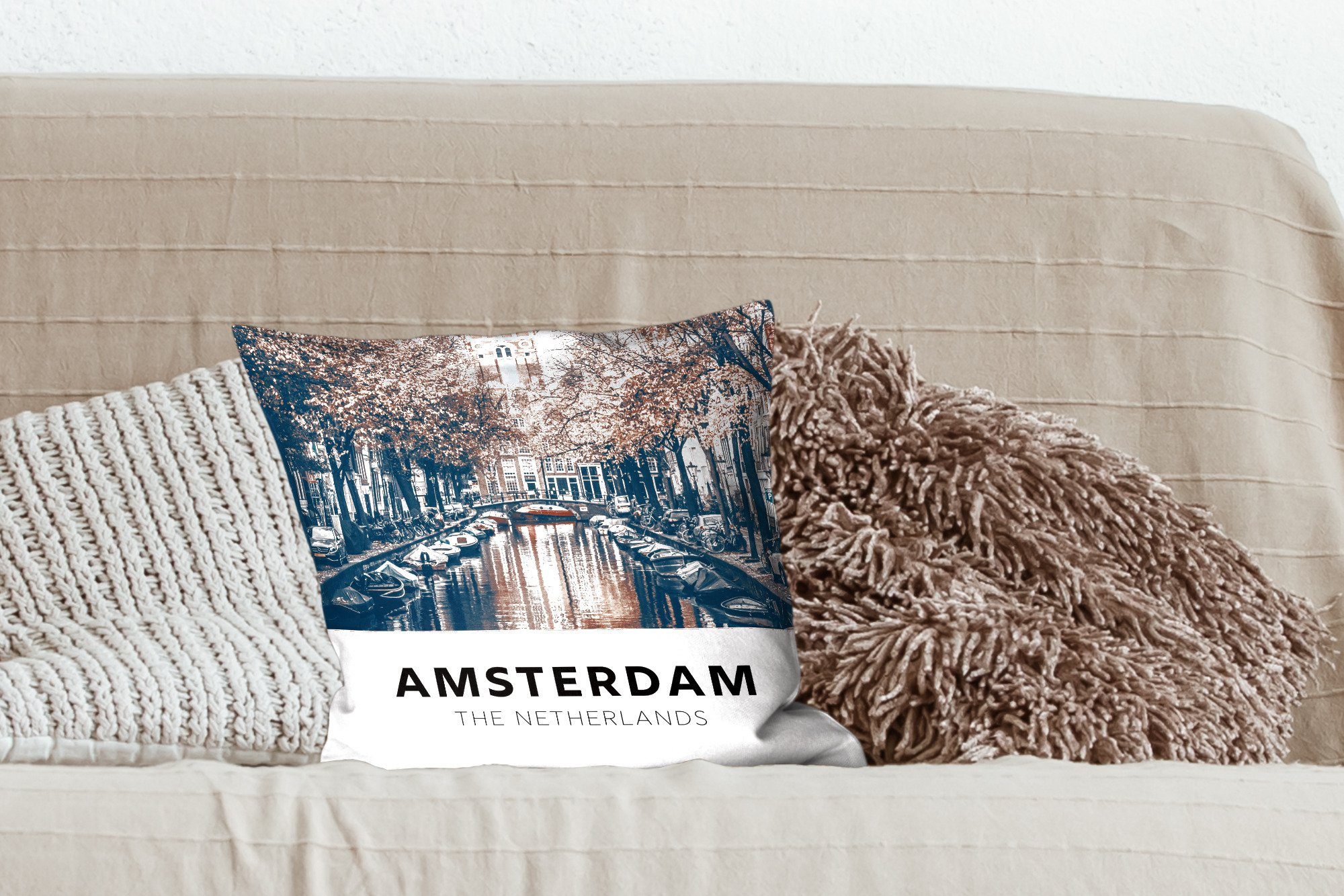 Sofakissen Deko, Schlafzimmer, Wasser, Niederlande Zierkissen für - - Dekokissen Füllung Amsterdam mit Wohzimmer, MuchoWow