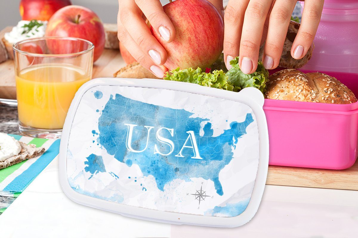 MuchoWow Lunchbox Vereinigte Staaten Brotdose Kunststoff Kunststoff, (2-tlg), - rosa Snackbox, Mädchen, Kinder, - für Weltkarte Erwachsene, Aquarell, Brotbox