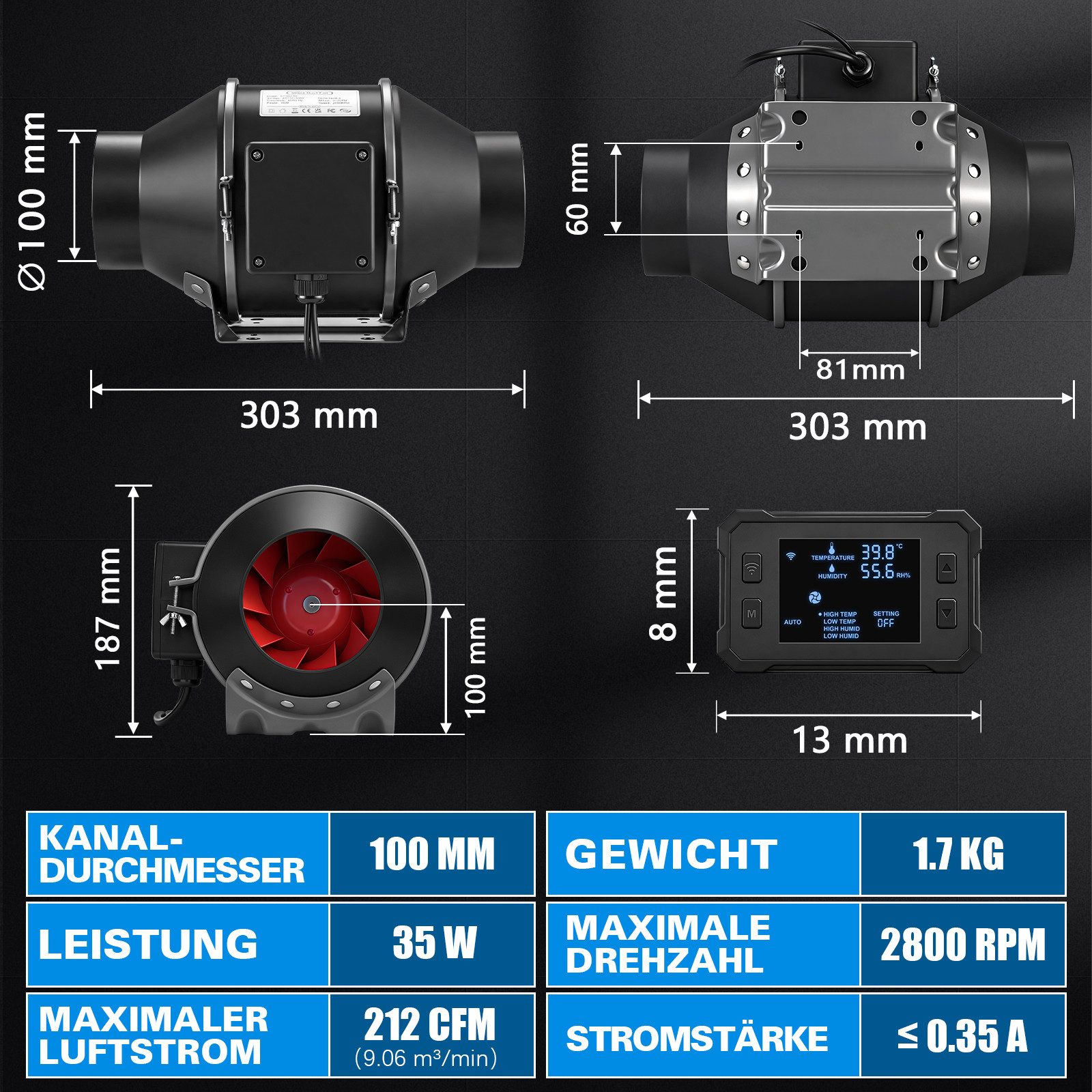 XERSEK Badlüfter EC-Abluftventilator Rohrlüfter mit Stufenlose App-Regelung, 360m³/h, Temp.-/Feuchtesensor - Smart Steuerung, Lüftung für Growzelt Bad Küche