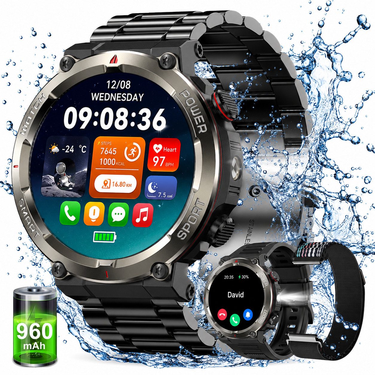 blackview Smartwatch Herren (Anruf Texte Rinnerung),960mAH Akku,100 Tage Standby Smartwatch (1.45 Zoll, IOS&Android), 1-tlg., 3 Armband und Ladekabel,Schlaf/HR/SpO2/SauerstoffÜberwachung/Schritten, LED Taschenlampe, Sprachassistent, 120+ Sportmodi, Android & iOS, IP68