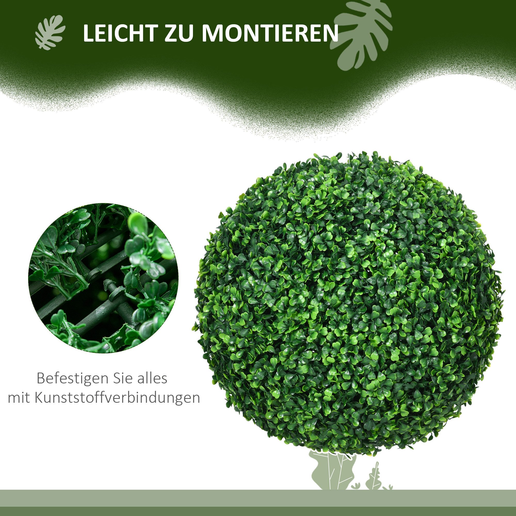 Kunstpflanze 2er-Set Künstliche Kugel, UV-beständig, Plastik Pflanzen im Topf Buchsbaum, HOMCOM, Höhe 40 cm, für Wohnzimmer Schlafzimmer Büro Garten moderne Dek – Bild 5 von 5
