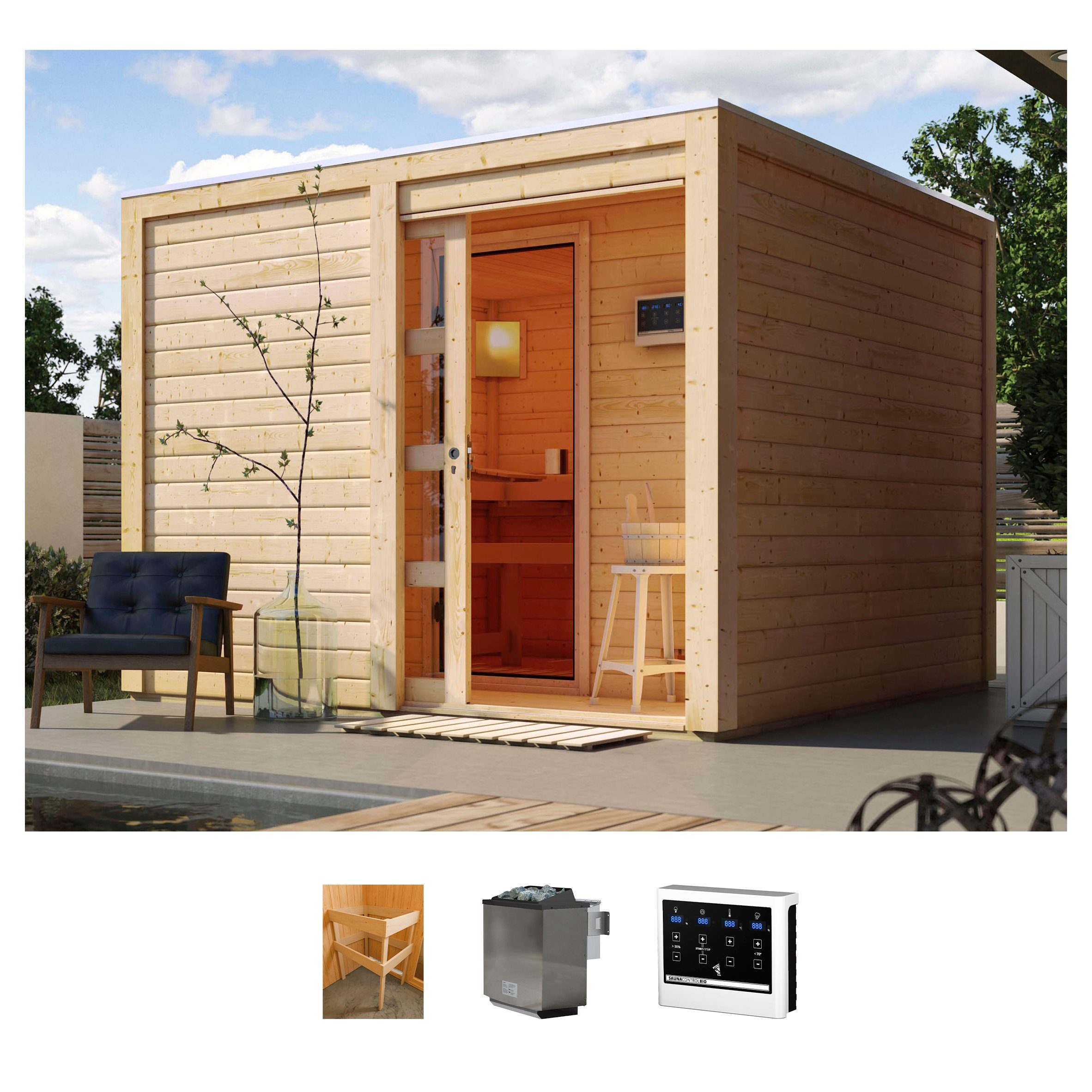 KONIFERA Saunahaus Ruben, BxTxH: 276 x 276 x 210 cm, 38 mm, (Set) Ofen 9 kW Bio externe Strg easy
