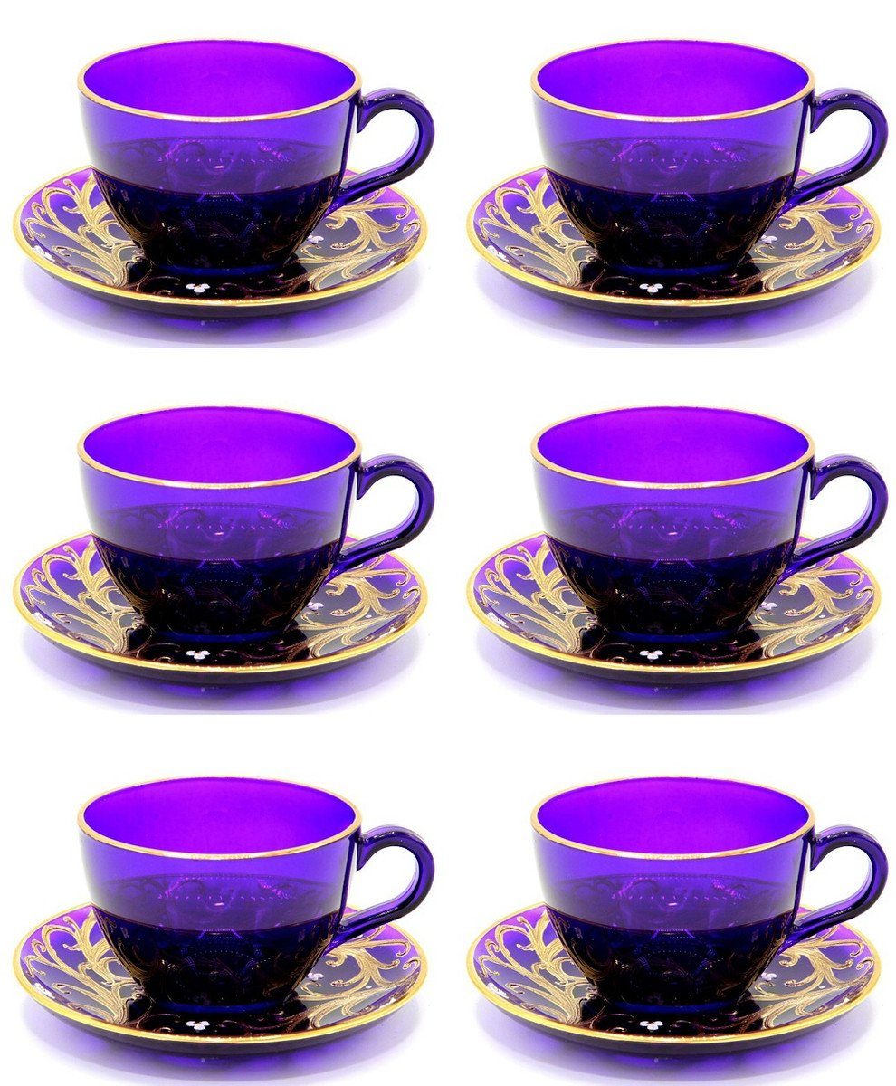 Casa Padrino Tasse Luxus Barock Kaffee / Tee Tassen 6er Set Lila / Gold - Handgefertigte & handbemalte Tassen mit Untertassen - Hotel & Restaurant Accessoires - Luxus Qualität