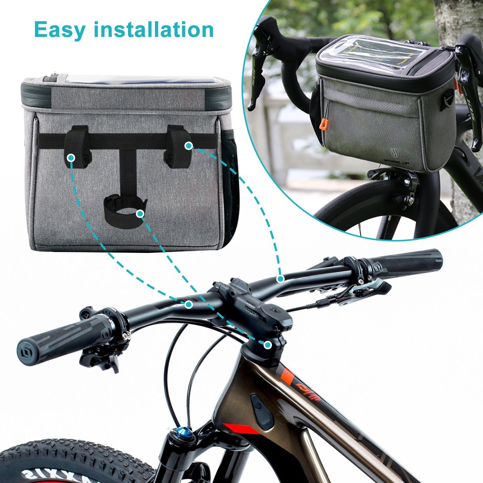 CALIYO 4.2L Fahrrad Schultergurt abnehmbarem transparenter und lenkeradapter, mit Grau vorne Lenkertasche Handy-Lenkertasche Touchscreen mit fahrradkorb Tasche,