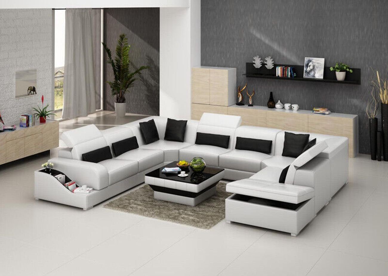 JVmoebel Ecksofa Leder Wohnlandschaft Eck U-Form +Hocker Design Garnitur Modern Sofa