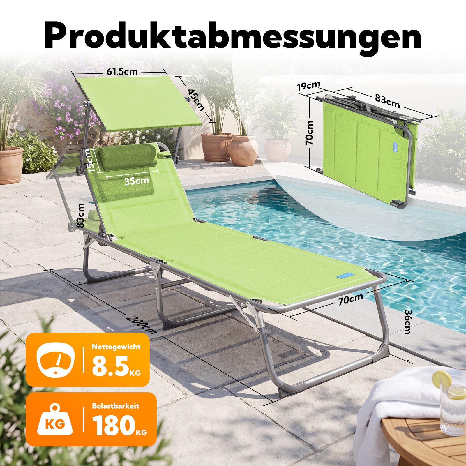 HOMECALL Gartenliege Sonnenliege AluLiege Liegestuhl Strandliege Liegen wetterfest, klappbar, Textilene Mit Dickemschnelltrocknende Schaumstoffpolsterung, Verst – Bild 2 von 5