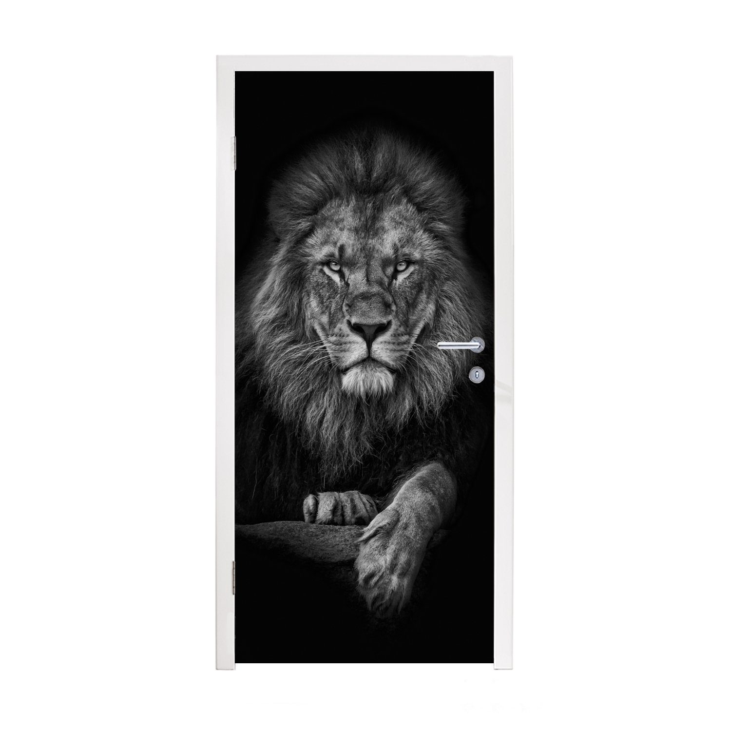 MuchoWow Türtapete Löwe - Tiere - Schwarz - Weiß, Matt, bedruckt, (1 St), Selbstklebende Tapete, Folie für Möbel, 75x205 cm