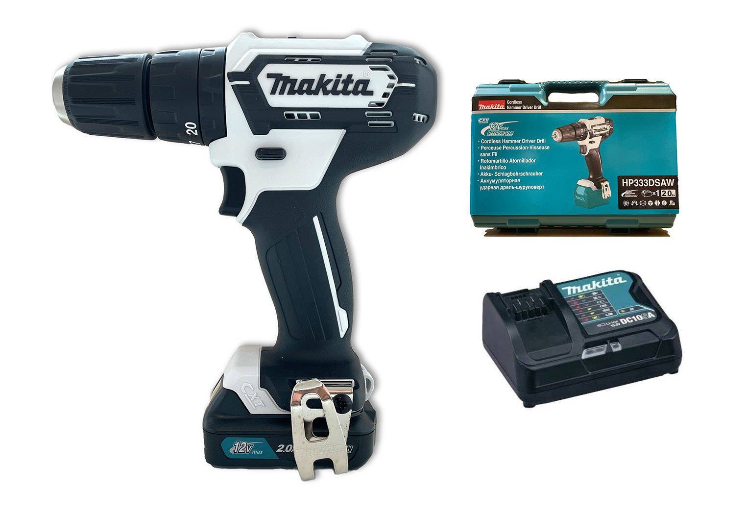 Makita Akku-Bohrschrauber HP333DSAW, 12 V, max. 1700 U/min, (Komplett-Set, inkl. Akku, Ladegerät und Transportkoffer), Drehmomenteinstellung, Schlagwerk, LED