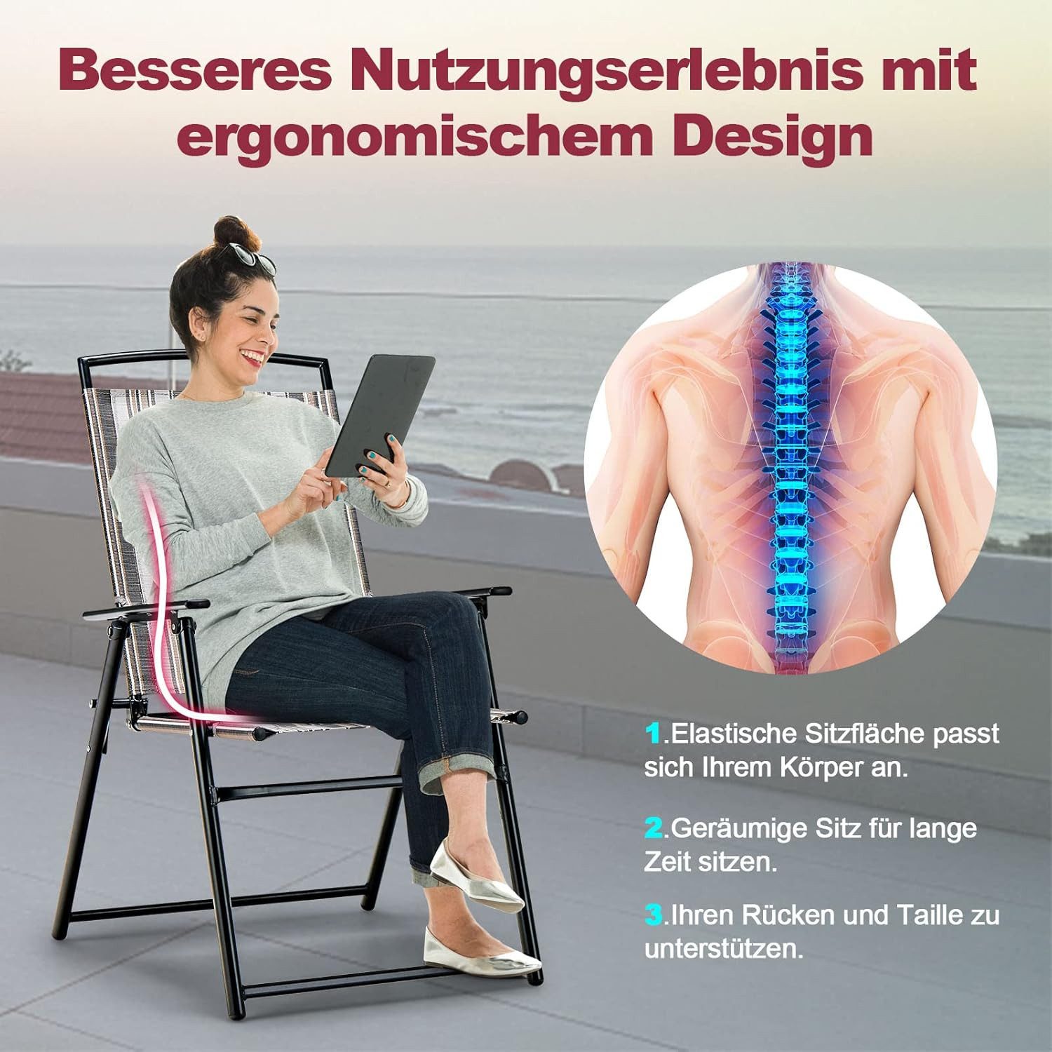 KOMFOTTEU Gartenstuhl (2er Set), Klappstuhl mit Hochlehner & bequemer Armlehne