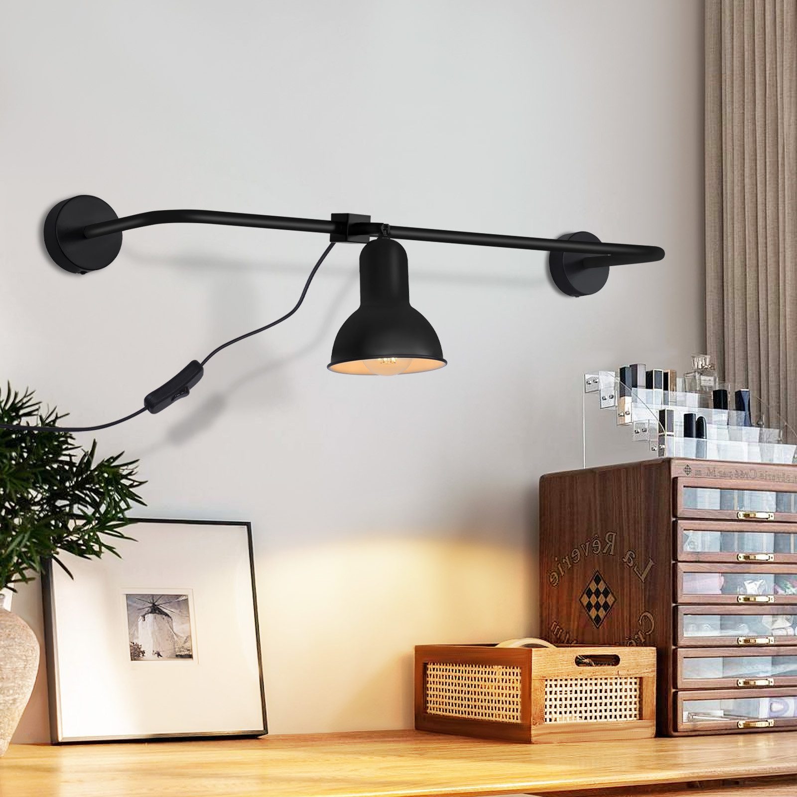 ZMH Wandleuchte Innen schwarz - Retro E27 Wandlampe mit Schalter für Wohnzimmer, Glühbirne flexibel verwenden, ohne Leuchtmittel, 350° drehbar Schlafzimmer Flur