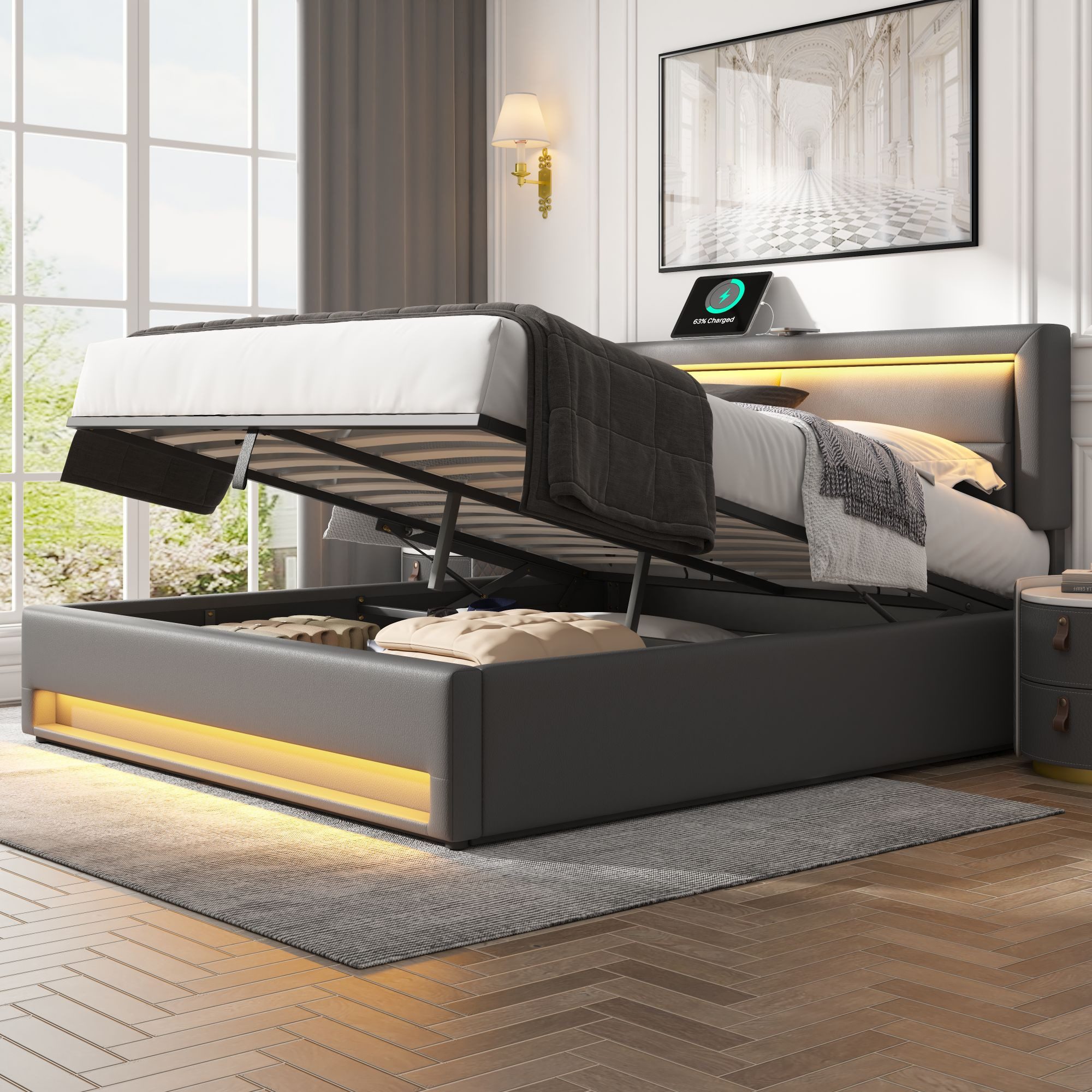 OKWISH Polsterbett mit LED-Beleuchtung und Stauraum günstig online kaufen