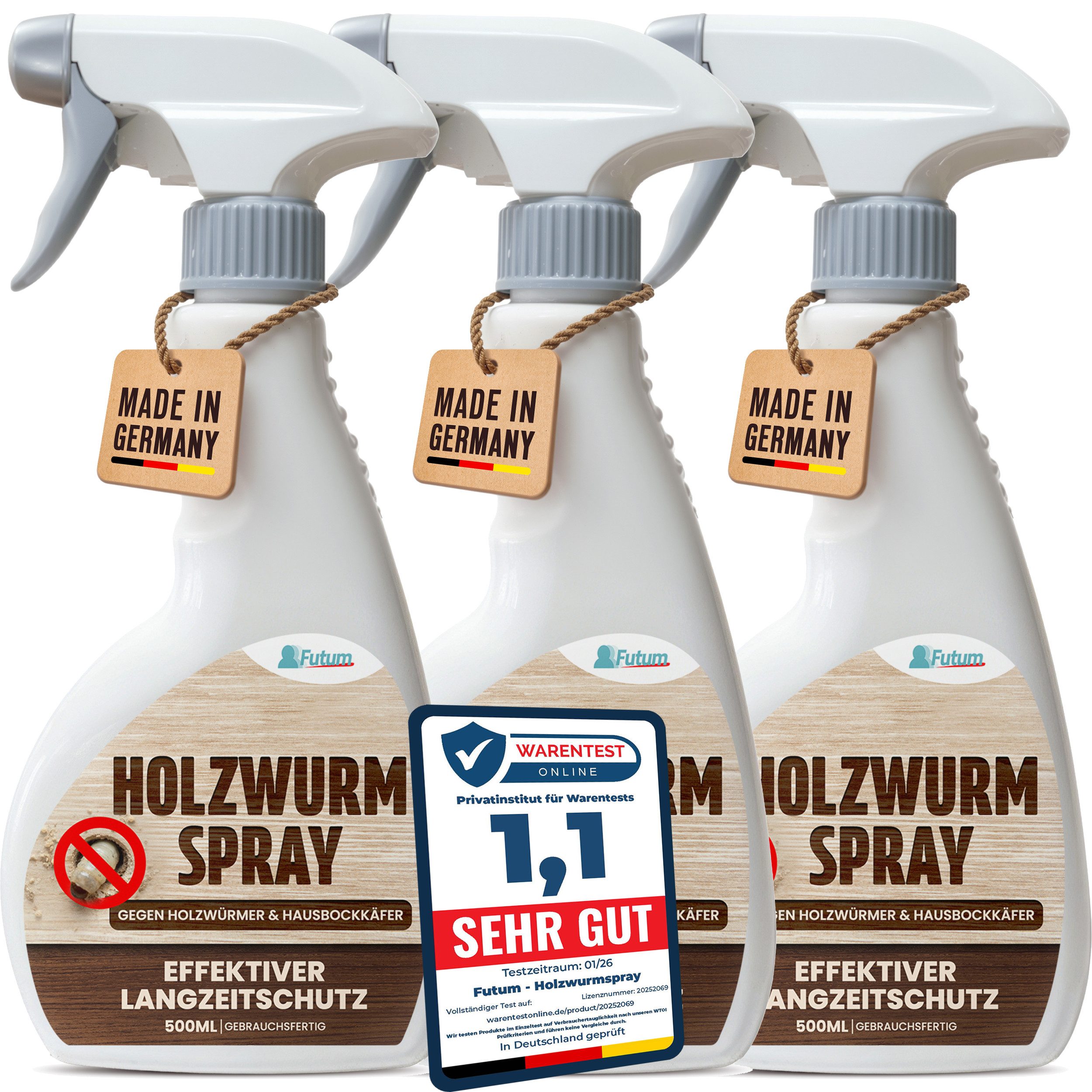 FUTUM Holzwurm-Ex 3x500ml Holzwurm-Spray gegen Holzwürmer, Hausbock mit Langzeitwirkung, MADE IN GERMANY