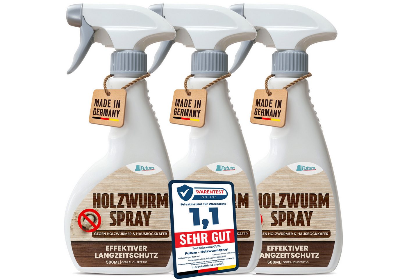 FUTUM Holzwurm-Ex 3x500ml Holzwurm-Spray gegen Holzwürmer, Hausbock mit Langzeitwirkung, MADE IN GERMANY